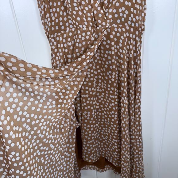Calvin Klein Dress 14 Tan White Polka Dot Chiffon V-Neck Faux Wrap Lined Dress - Picture 6 of 12